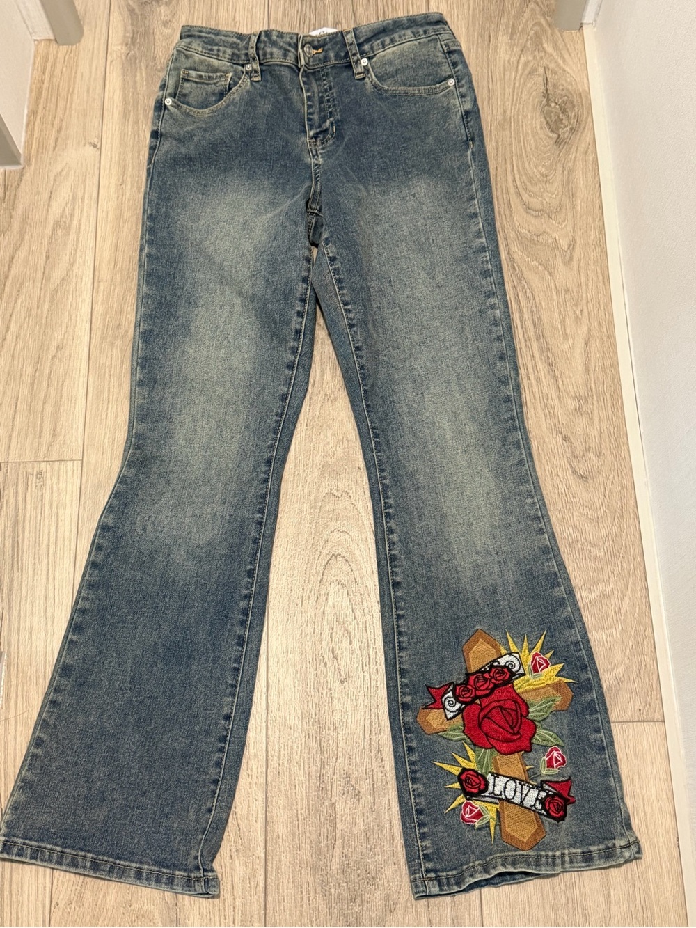 Ashley Mason Blue Flare Jeans with Red Rose Embroidery
